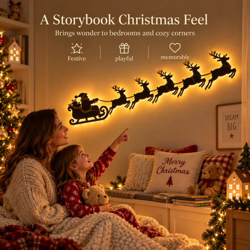 Decoración de pared navideña con Papa Noel y renos con luces