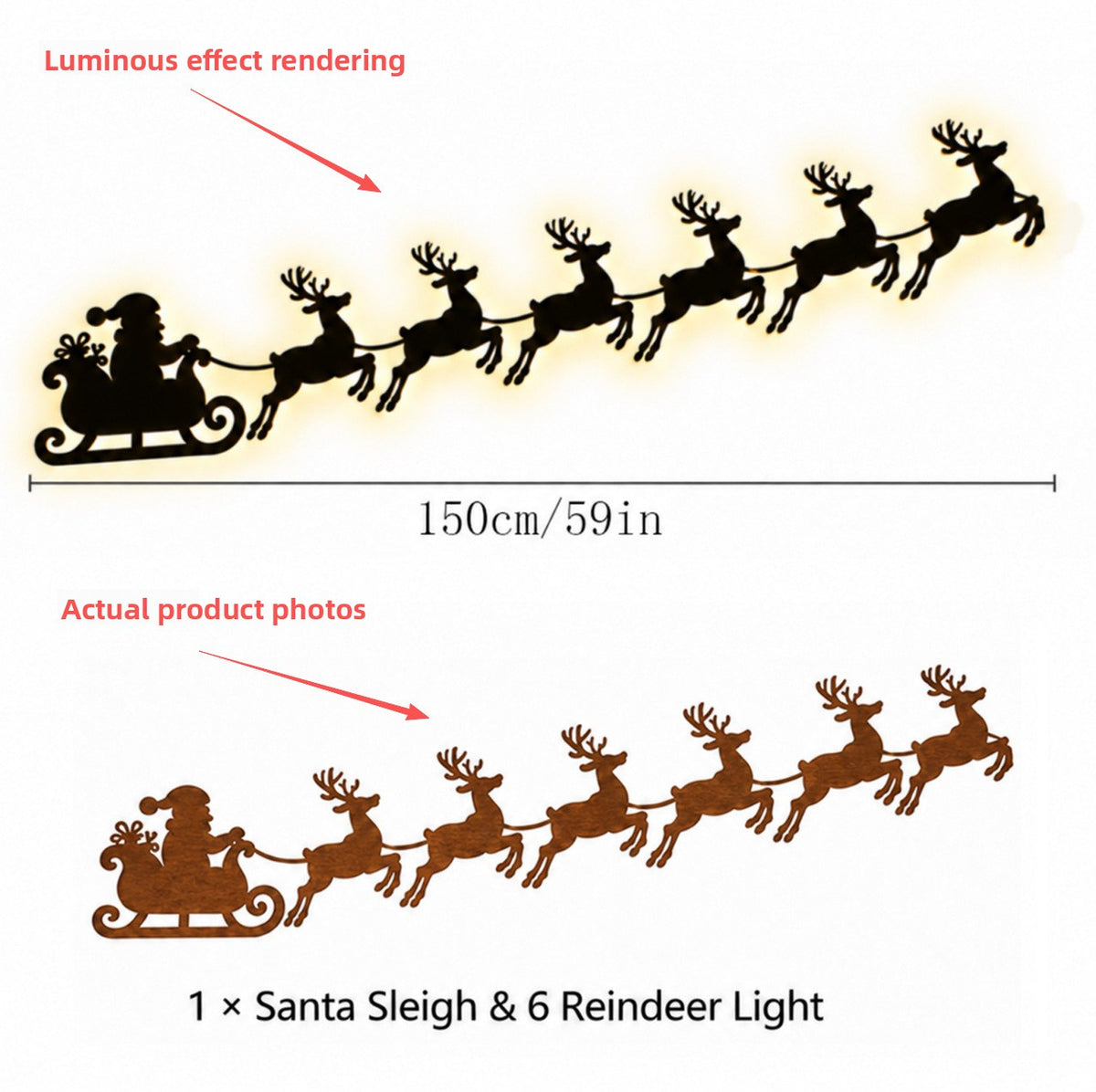 Decoración de pared navideña con Papa Noel y renos con luces
