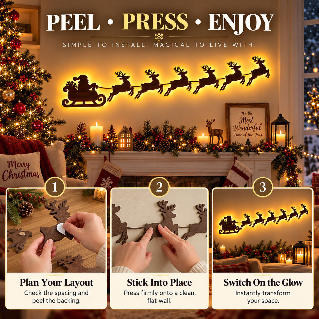 Decoración de pared navideña con Papa Noel y renos con luces