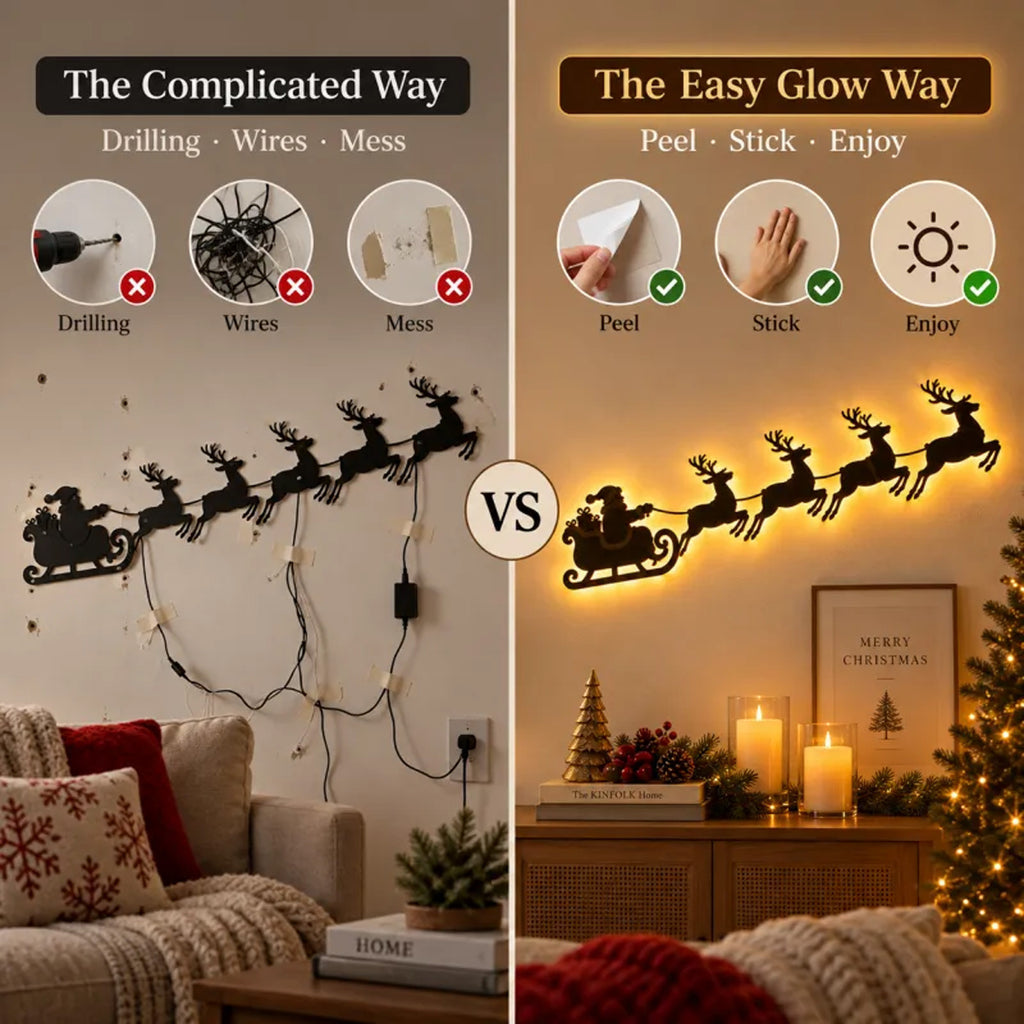 Decoración de pared navideña con Papa Noel y renos con luces