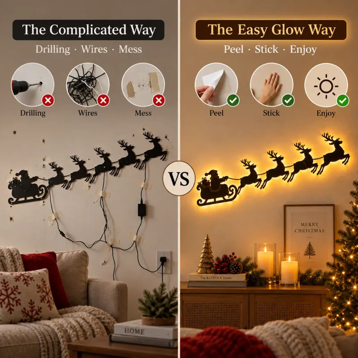 Decoración de pared navideña con Papa Noel y renos con luces